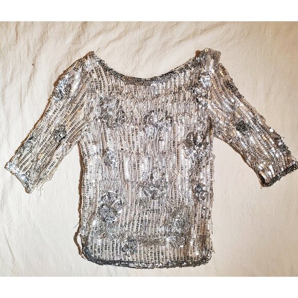 Rare Vintage Silver Glass-Beaded Fringe Silk Tee size XS / S - Picture 12 of 17